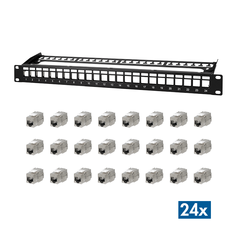 Modular 24-port Cat.6A keystone patch panel, 1U, 19" rackmount, PrimeLine