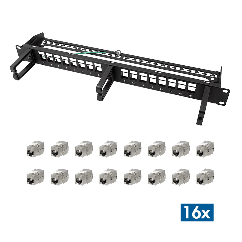 Modular 16-port Cat.6A keystone panel, with 3 cable rings, 19" rackmount