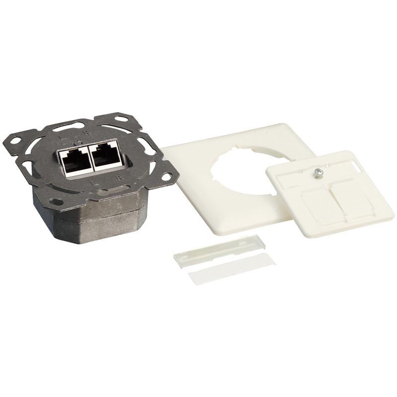 Cat.6A wall outlet 2 x RJ45, shielded, pure white, horizontal cable entry