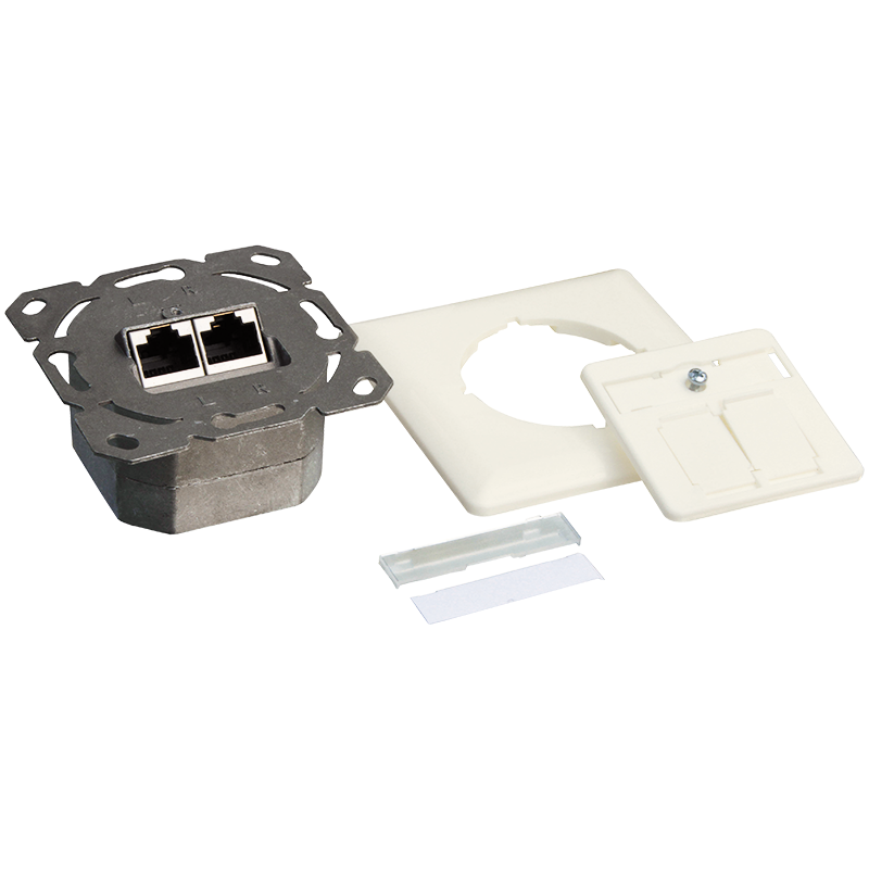 Cat.6 wall outlet 2 x RJ45, shielded, pure white, horizontal cable entry