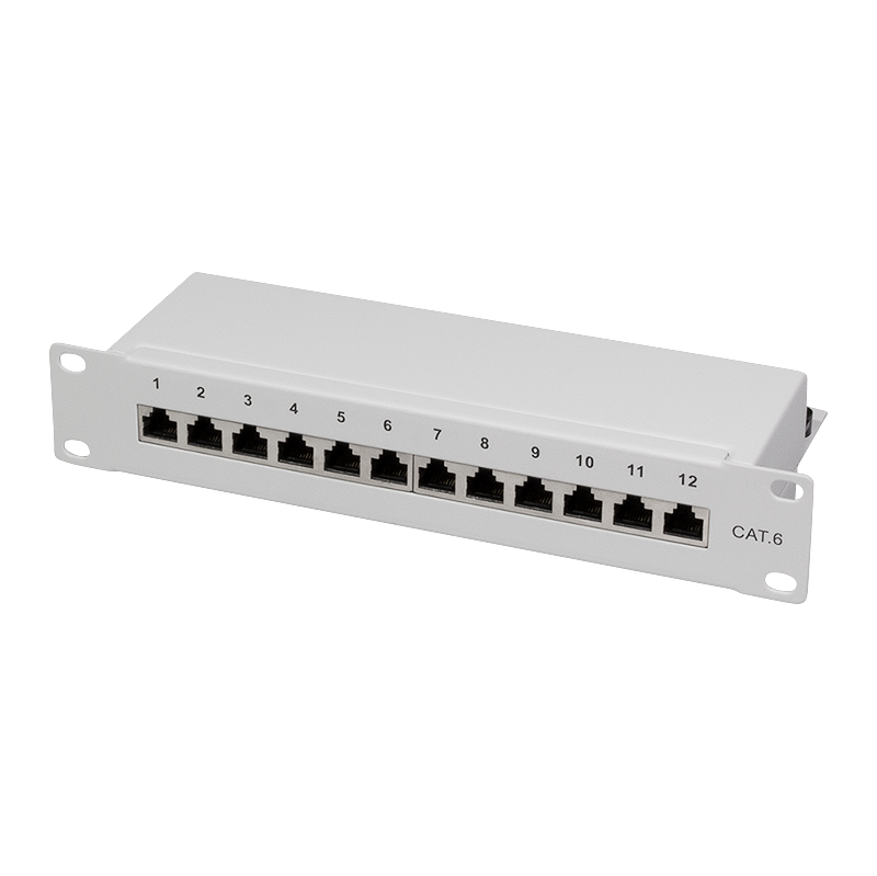 Cat.6 Patch Panel 12 ports shielded, 10 inch rack mount, light grey