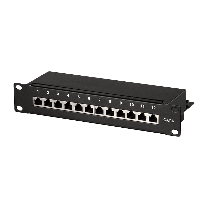 Cat.6 Patch Panel 12 ports shielded, 10 inch rack mount, black
