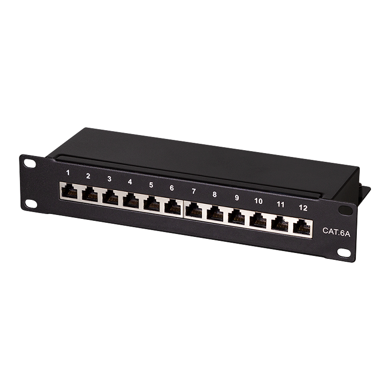 Cat.6A Patch Panel 12 ports shielded, 10 inch rack mount, black