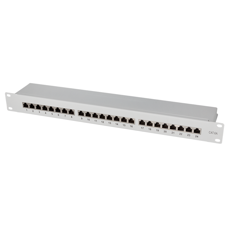 Panel krosowy kat. 6A, 24 porty, ekranowany, montaż rack 19", jasnoszary