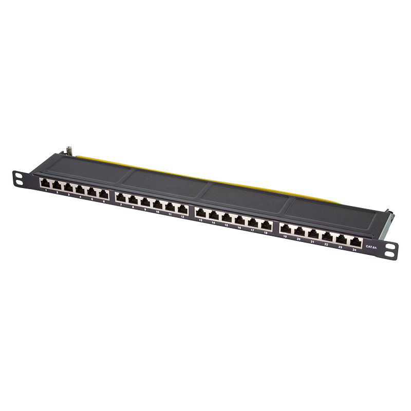 Cat.6A Patch Panel 24 ports shielded, 19 inch rack mount, only 0.5U, black