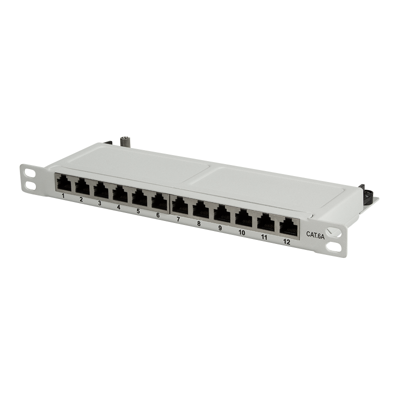 Cat.6A Mini Patch Panel 12 ports shielded, 10 inch rack mount 0.5U, light grey
