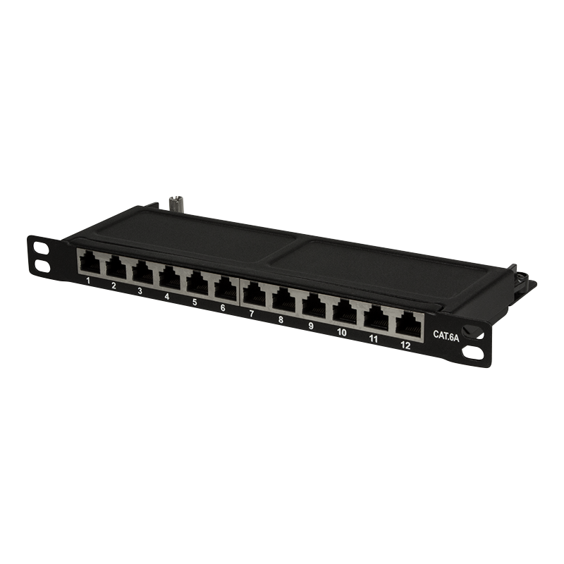 Cat.6A Mini Patch Panel 12 ports shielded, 10 inch rack mount 0.5U, black