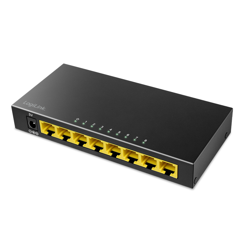 Biurkowy przełącznik sieciowy Gigabit, 8 portów, metalowa obudowa, czarny