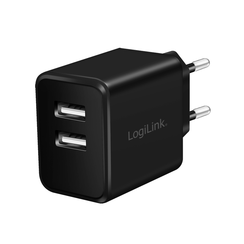 USB-A charger, 12 W, 2-port, 2x USB-A, Black