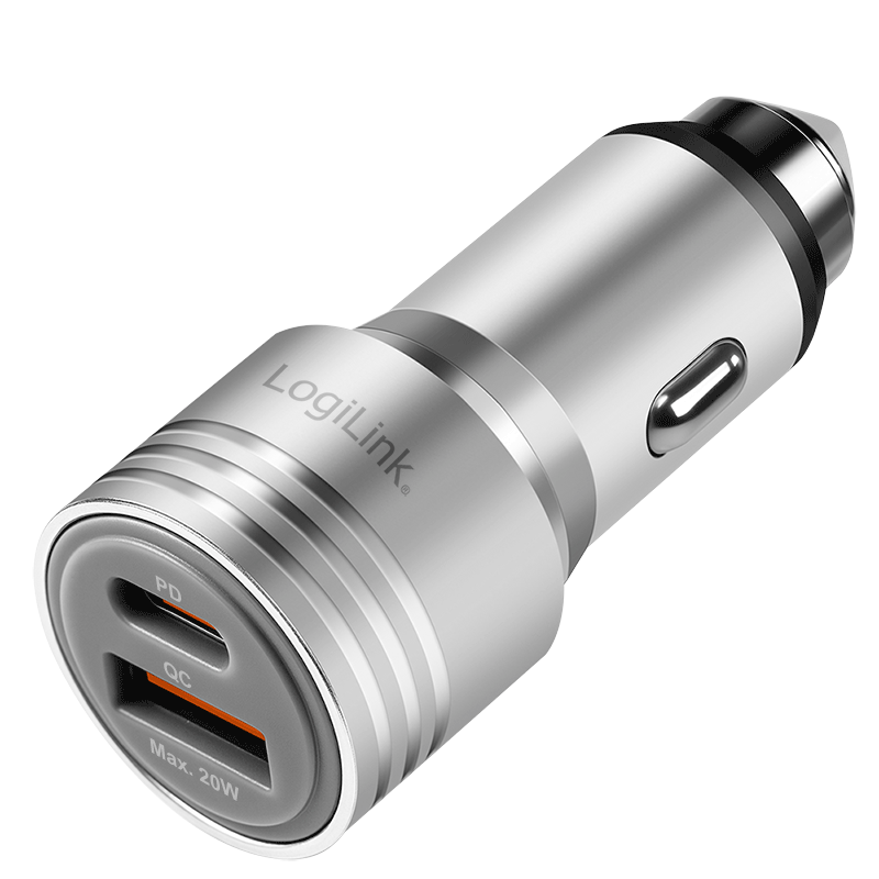 Dual USB car charger, 20 W, USB-A (QC), USB-C (PD), silver