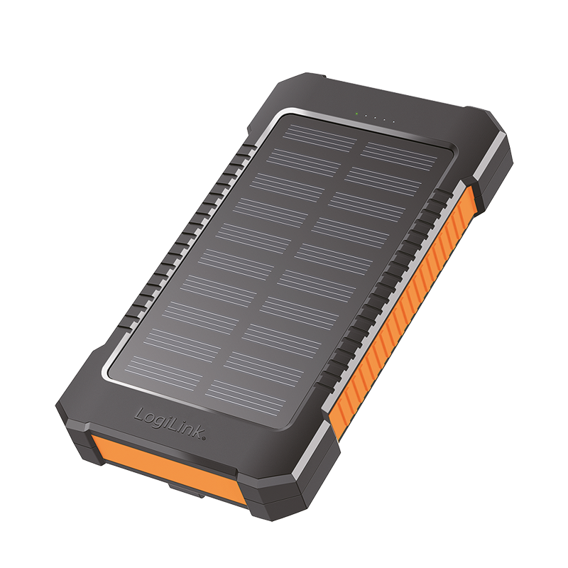 Solar power bank 6,000 mAh, flash light, 2x USB-A, 1x USB-C, black-orange