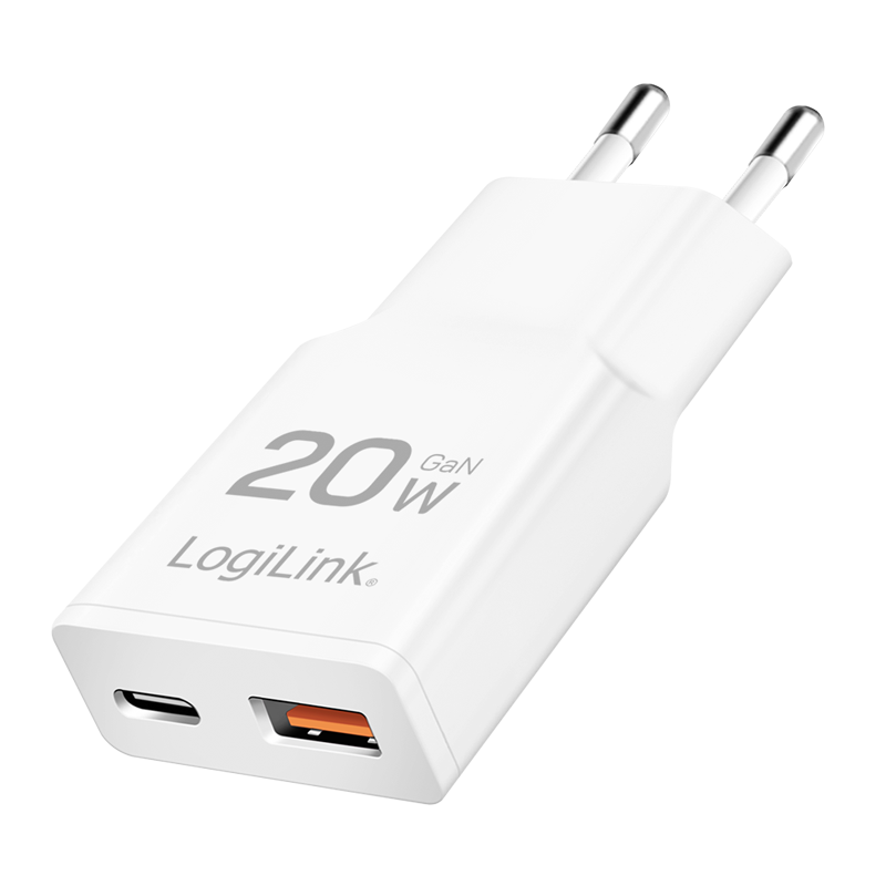 USB-A/C charger, 20 W, GaN, 2-port, 1x USB-A (QC), 1x USB-C (PD), Slim version, White