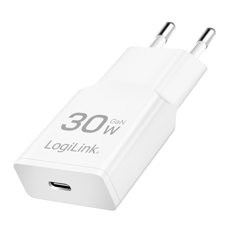 Ładowarka USB-C, 30 W, GaN, 1 port, 1x USB-C (PD), wersja smukła, biała