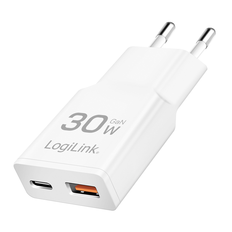 Ładowarka USB-A/C, 30 W, GaN, 2 porty, 1x USB-A (QC), 1x USB-C (PD), wersja smukła, biała