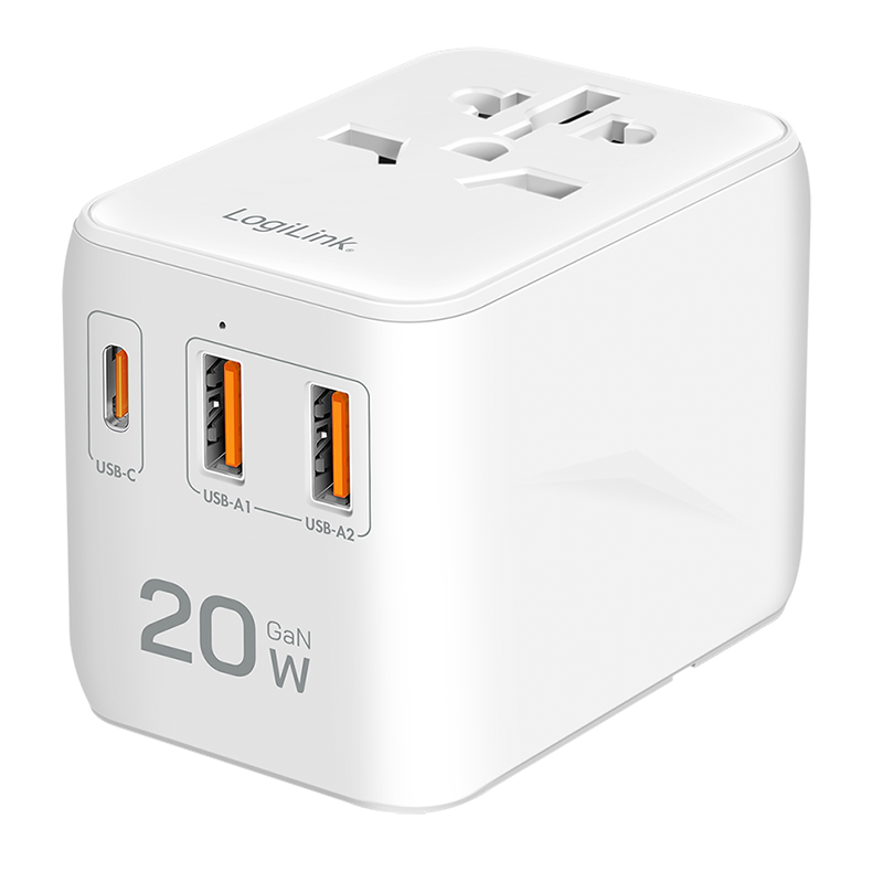 USB-A/C Travel charger, 20 W, GaN, 3-port, 2x USB-A (QC), 1x USB-C (PD), Slim Version, White