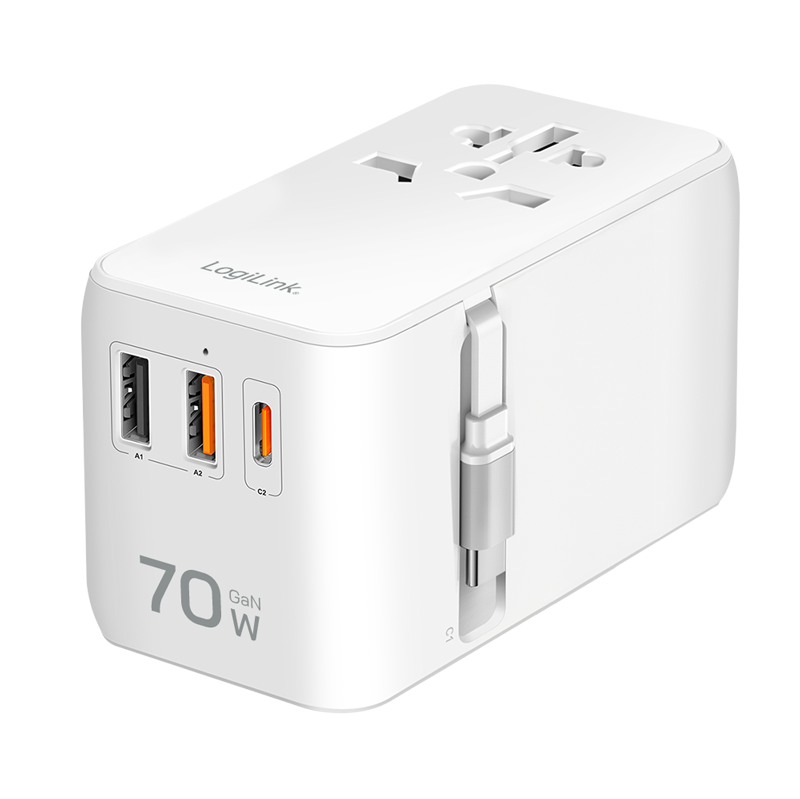 USB-A/C Travel charger, 70 W, GaN, 4-port, 2x USB-A (QC), 2x USB-C (PD), Slim Version, White