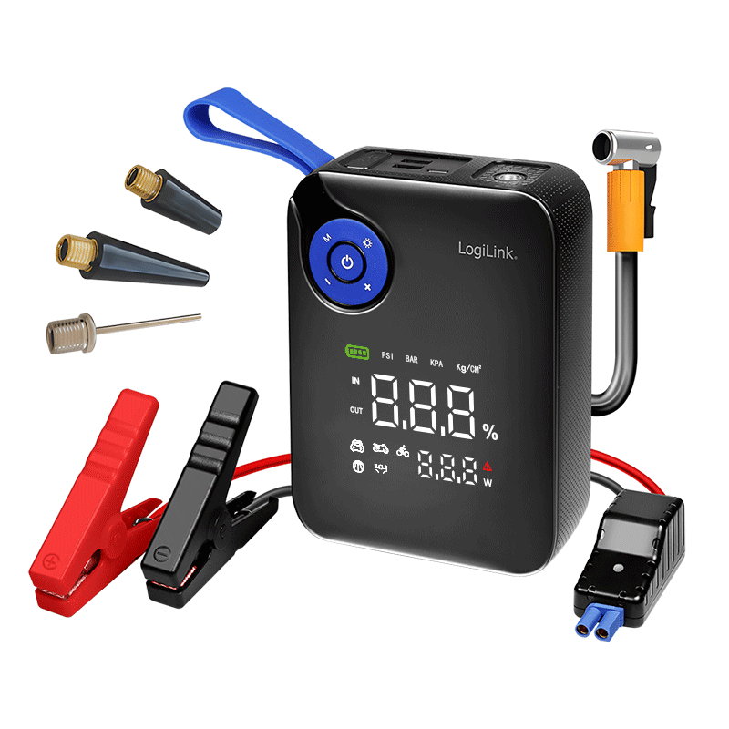 4-in-1 jump starter, power bank, air pump, emergency light, 12 V/7200 mAh, black