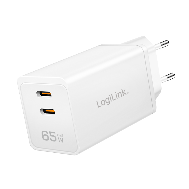 USB-C charger, 65 W, GaN, 2-port, 2x USB-C (PD 3.0/QC 4.0), White