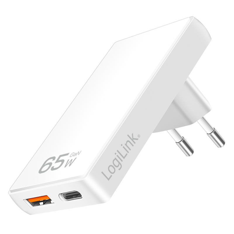 USB-A/C charger, 65 W, GaN, 2-port, 1x USB-A (QC), 1x USB-C (PD), Slim Version, White
