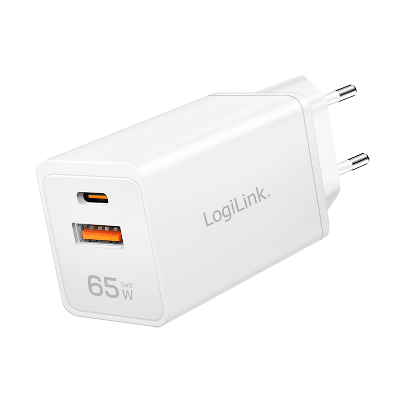 USB-A/C charger, 65 W, GaN, 1x USB-A (QC), 1x USB-C (PD), White
