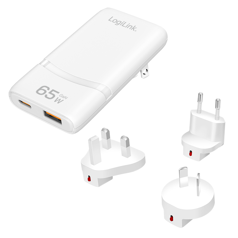 USB-A/C Travel charger, 65 W, GaN, 2-port, 1x USB-A (QC), 1x USB-C (PD), Slim Version, White