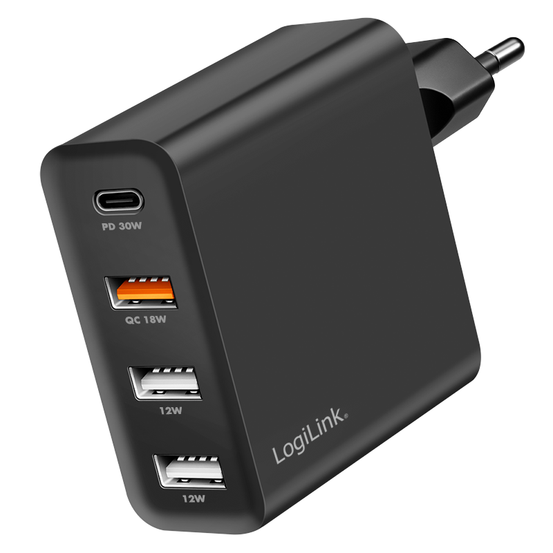 USB-A/C charger, 48 W, GaN, 4-port, 3x USB-A (QC), 1x USB-C (PD), Black
