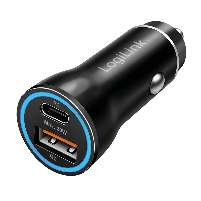 USB car charger adapter, 20 W, 1x USB-C PD, 1x USB-A QC, LED ring, black
