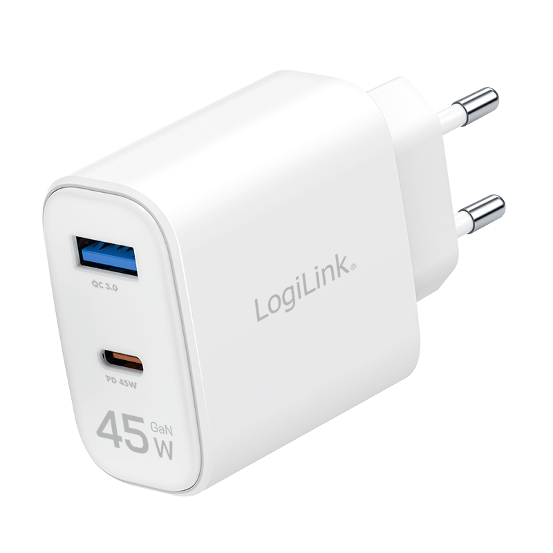 USB-A/C charger, 45 W, GaN, 2-port, 1x USB-A (QC), 1x USB-C (PD), White