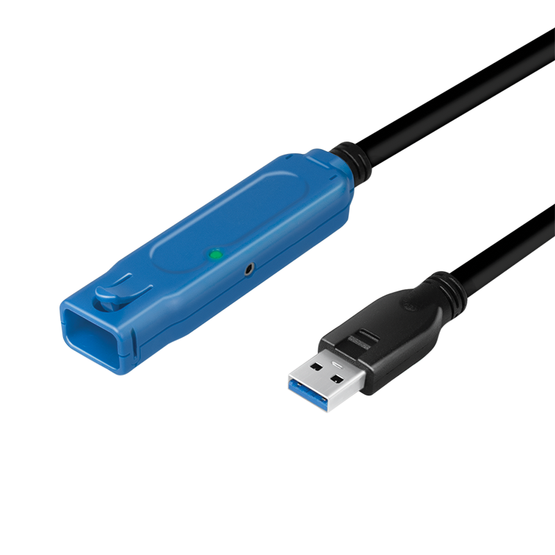 USB 3.2 Gen1 cable, USB-A/M to USB-A/F, amplifier, black/blue, 10 m