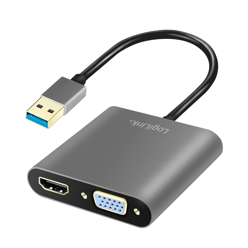 Adapter USB 3.0, A/wtyk – HDMI-A/gniazdo + VGA/gniazdo, 1080p/60 Hz, czarny, 0.15 m