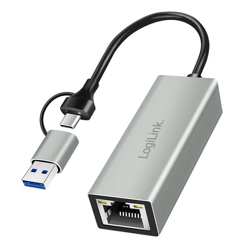 USB-C to Gigabit Ethernet Adapter with 2-in-1 USB Connection, grey