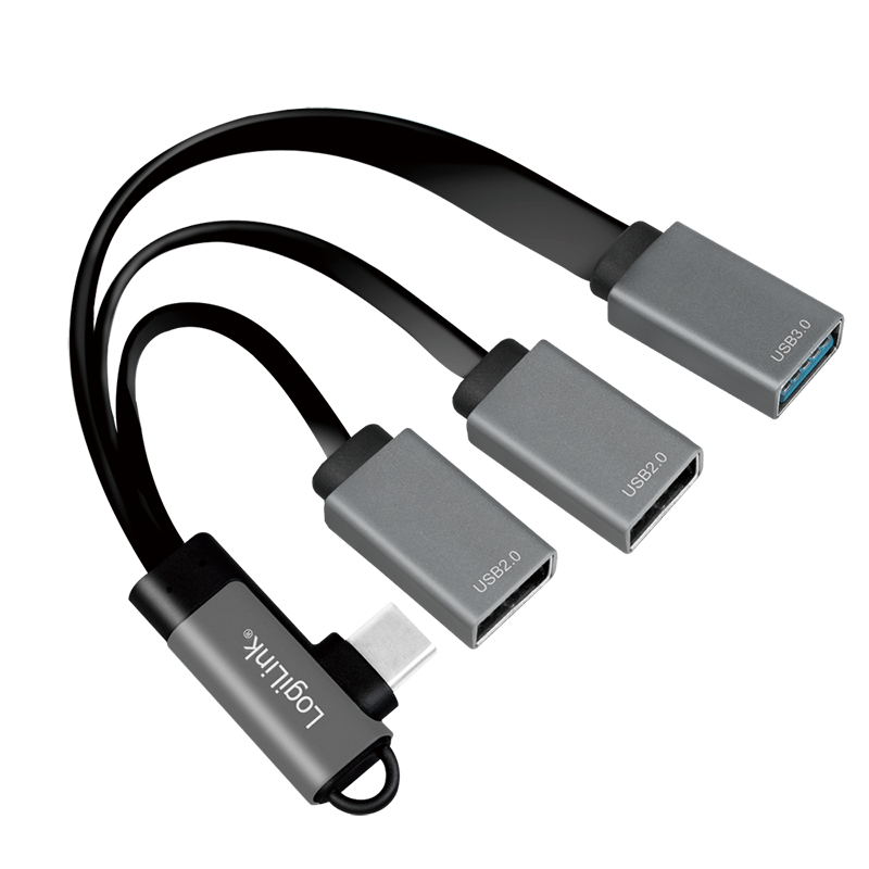 Koncentrator USB 3.2 Gen1, USB-C/wtyk (90°) – 3x USB-A/gniazdo, aluminium, czarno-szary, 0.15 m