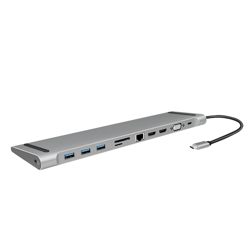 Stacja dokująca USB 3.2 Gen1, USB-C, 11 portów, PD, 100 W, srebrna