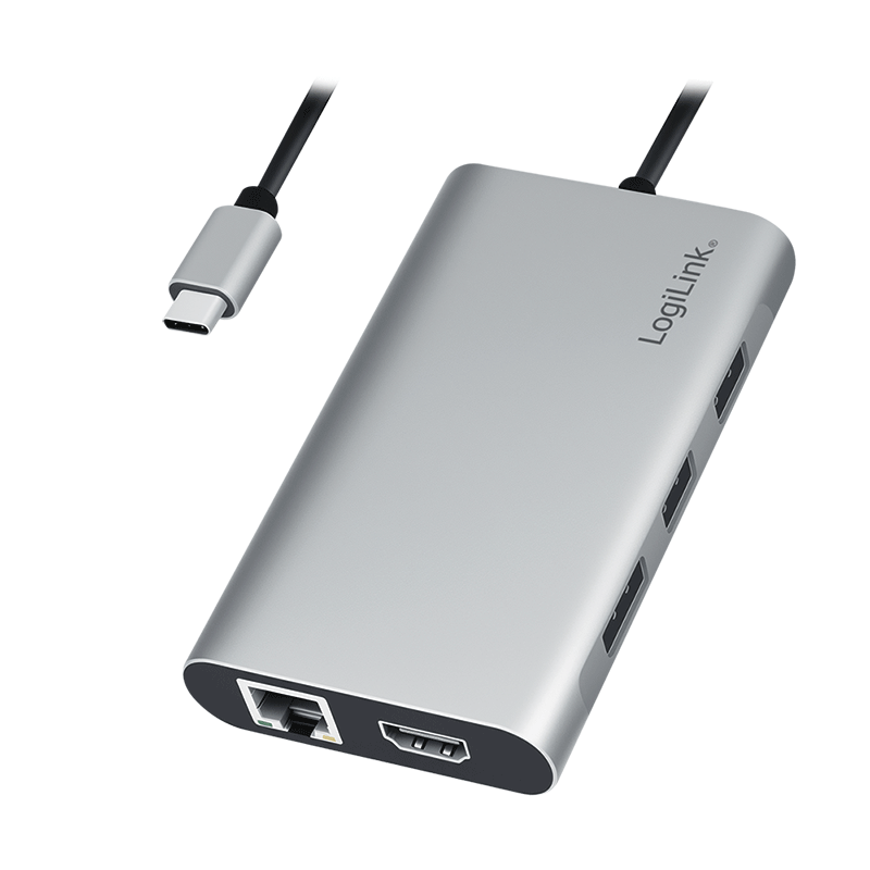Stacja dokująca USB 3.2 Gen1, USB-C, 8 portów, PD, srebrna