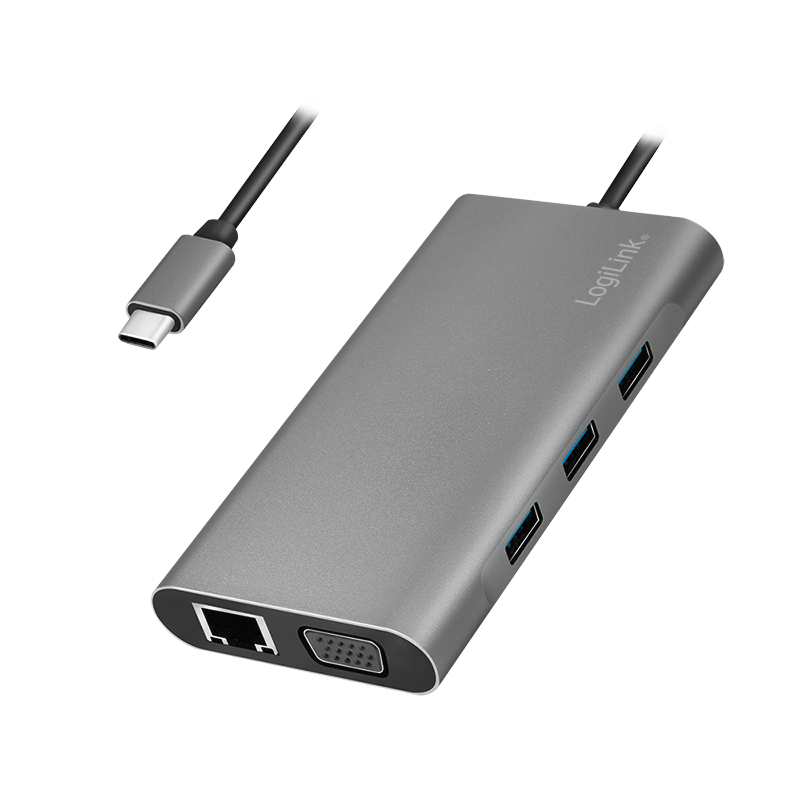 Stacja dokująca USB 3.2 Gen1, USB-C, 10 portów, PD, srebrna