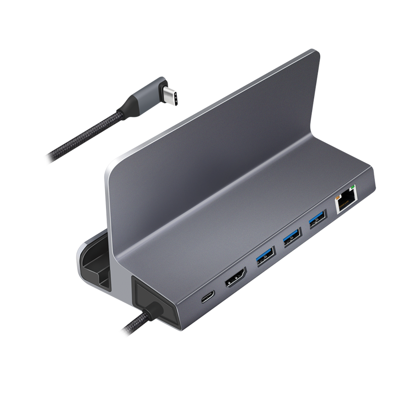 Stacja dokująca i uchwyt USB 3.2 Gen1, 6 portów, USB-C PD, aluminium, srebrna