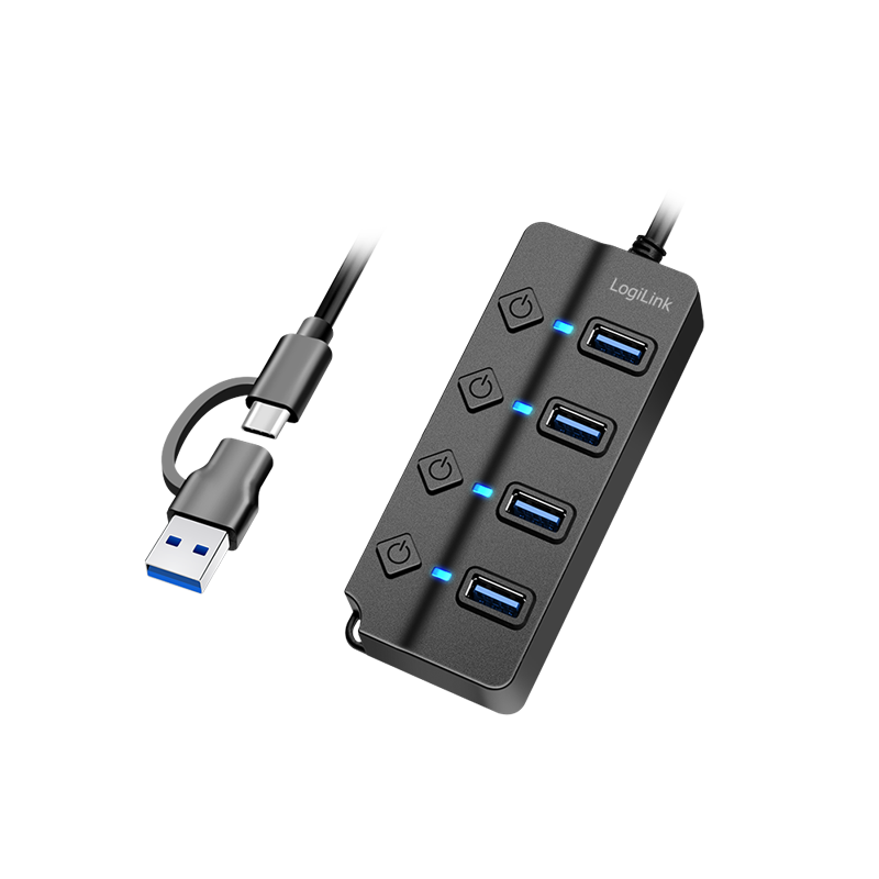 USB 3.2 Gen1 Hub, 4x USB ports, on/off switch, black