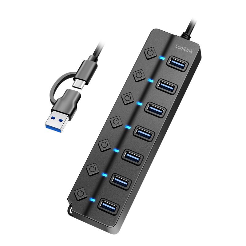 Koncentrator USB 3.2 Gen1, 7 portów USB, wyłącznik, czarny