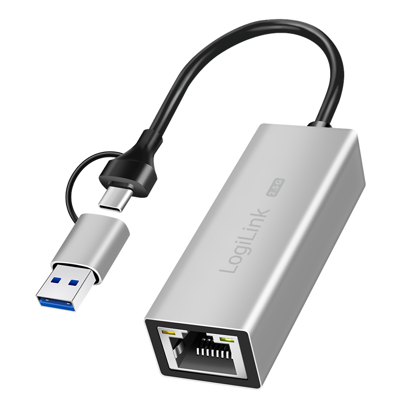 USB 3.2 Gen 1, 2.5G Ethernet network adaptera, 2-in-1 connection cable, grey