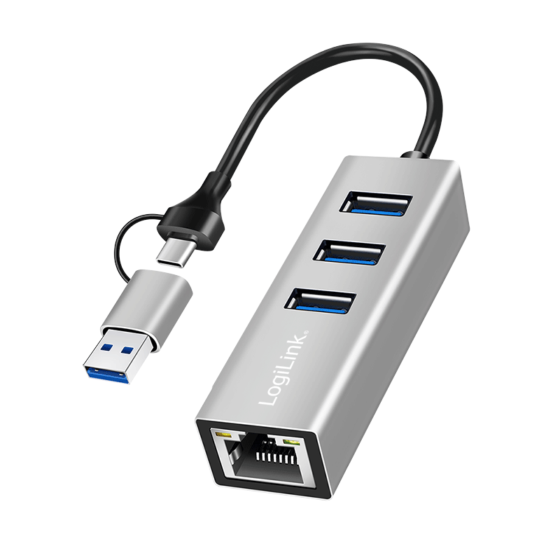 Koncentrator USB 3.2 Gen 1, 3x USB-A, 1x RJ45, kabel przyłączeniowy 2 w 1, srebrny