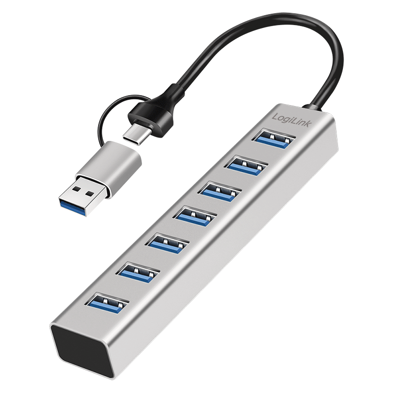 Koncentrator USB 3.0, 7 portów, 7x USB-A, kabel przyłączeniowy 2 w 1, 5 Gbit/s, srebrny