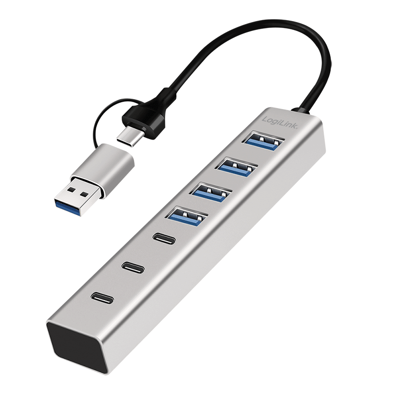 Koncentrator USB 3.0, 7 portów, 4x USB-A, 3x USB-C, kabel przyłączeniowy 2 w 1, 5 Gbit/s, srebrny