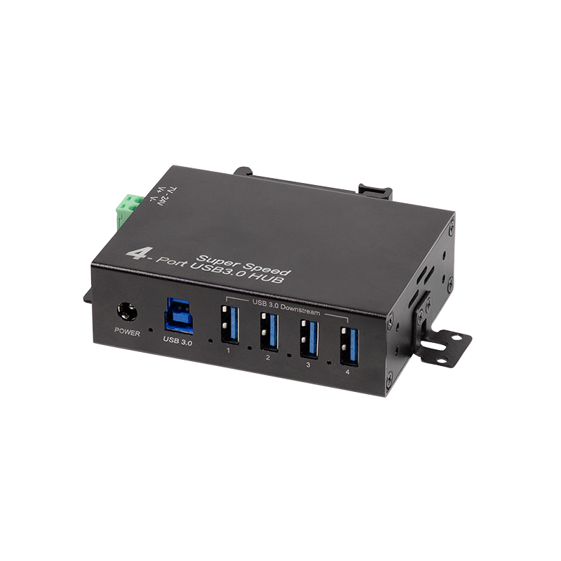 USB 3.0, 4-port hub, industrial design, 5 Gbps, 10 W, black