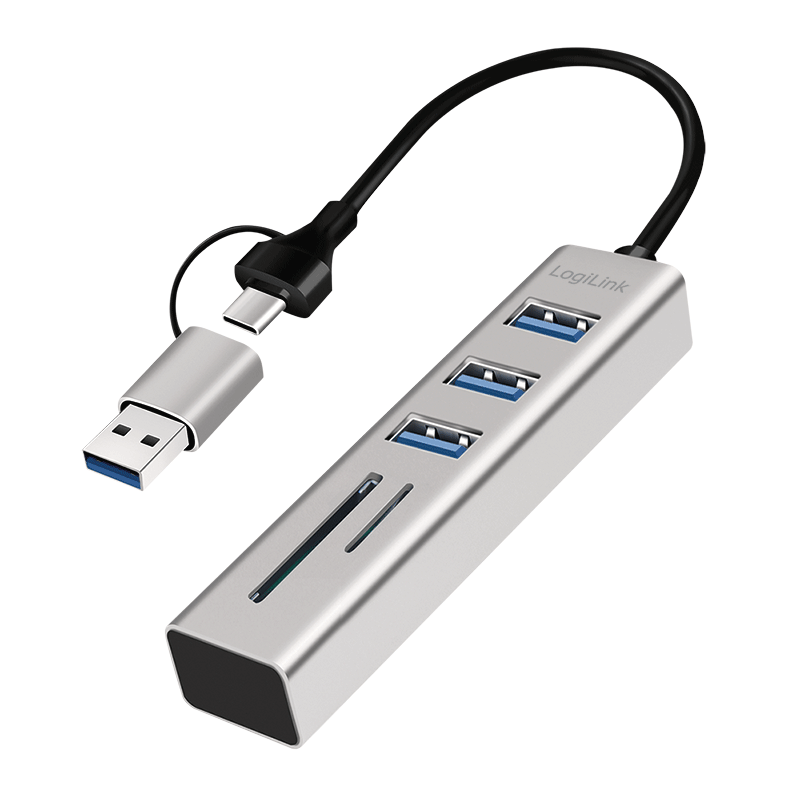 Koncentrator USB 3.0, 3x USB-A, gniazdo SD/microSD, kabel przyłączeniowy 2 w 1, 5 Gbit/s, srebrny