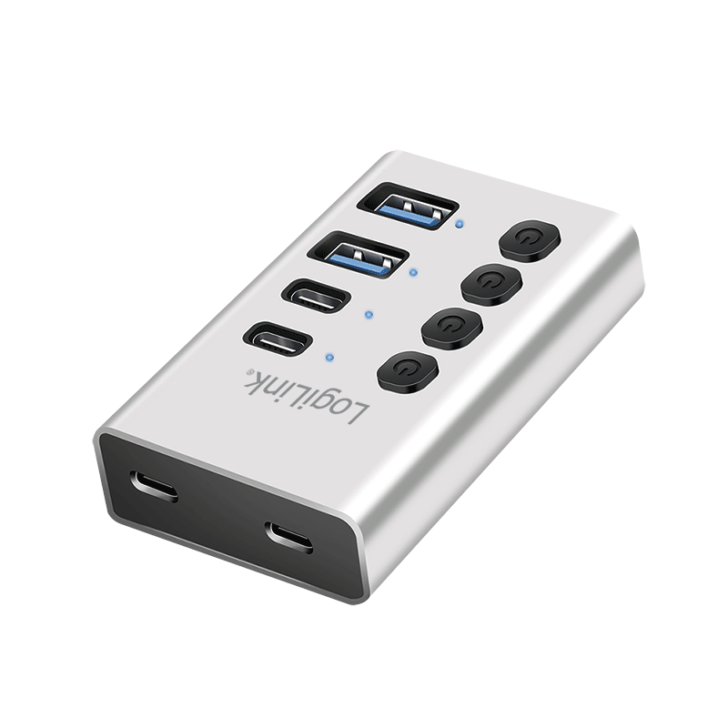 Koncentrator USB 3.2 Gen 1, 4 porty, z kablem/adapterem, USB-A/C, wyłącznik, aluminium