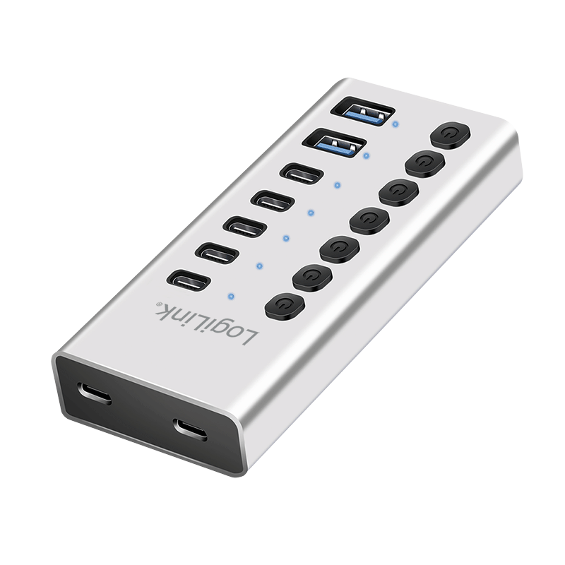 Koncentrator USB 3.2 Gen1, 7 portów, z kablem/adapterem, USB-A/C, wyłącznik, aluminium
