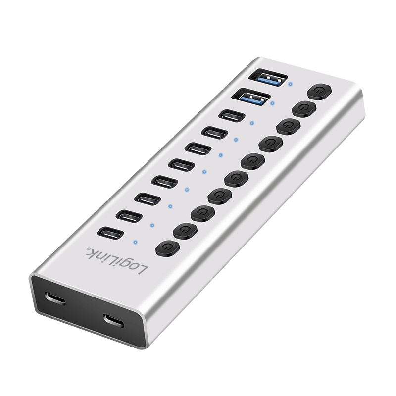 Koncentrator USB 3.2 Gen1, 10 portów, z kablem/adapterem, USB-A/C, wyłącznik, aluminium
