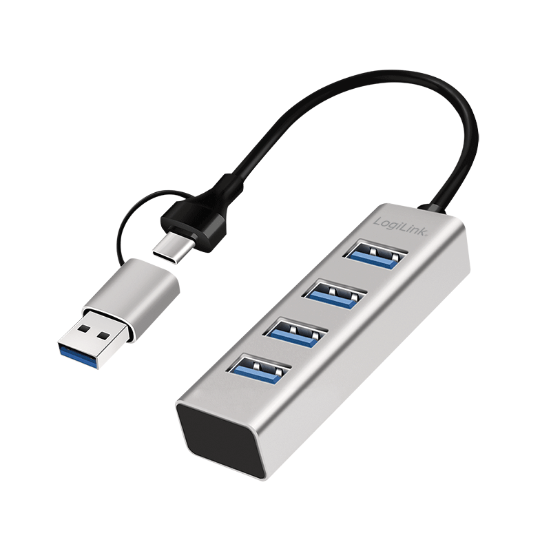 USB 3.0 hub, 4x USB-A, 5 Gbit/s, 2-in-1 connection cable, silver