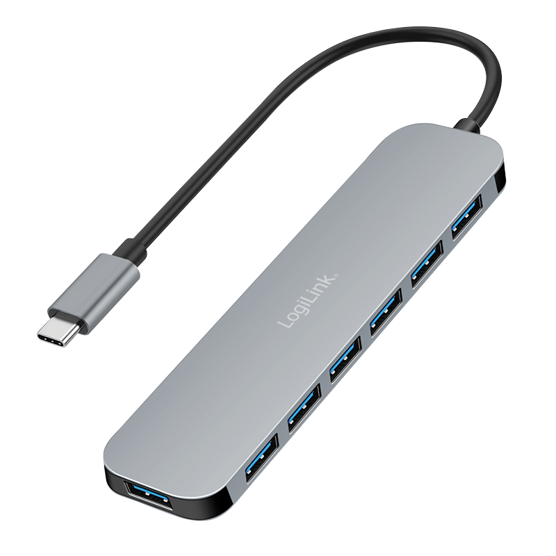 Koncentrator USB-C, 7 portów, USB 3.2 Gen 1, 7x USB-A, 5 Gbps, obudowa aluminiowa, z ładowarką PD 20 W, gwiezdna szarość