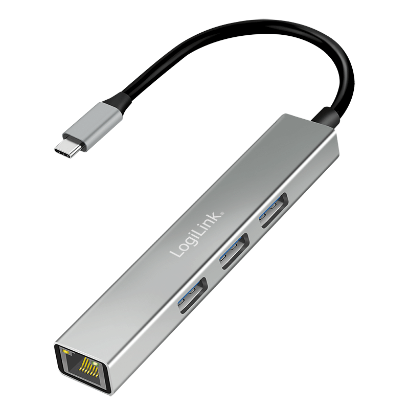 Koncentrator USB 3.2 Gen1, 3x USB-A, 1x adapter Gigabit Ethernet RJ45, 5 Gbit/s, 4.5 W, aluminium